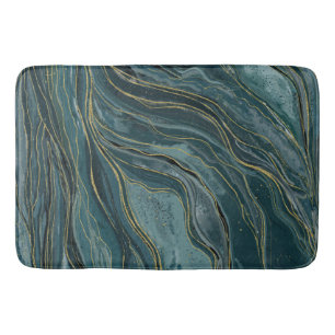 Tapis De Bain Vagues d'aquarelle Abstraite turquoise Blue Gold