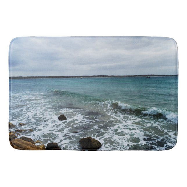 Tapis De Bain Vagues Et Bateaux De Pêche Sur L'Océan, (Devant)