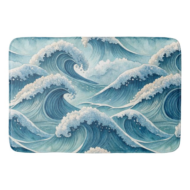 TAPIS DE BAIN VAGUES OCÉANIQUES BLEU VERT DÉFERLANTES (Devant)