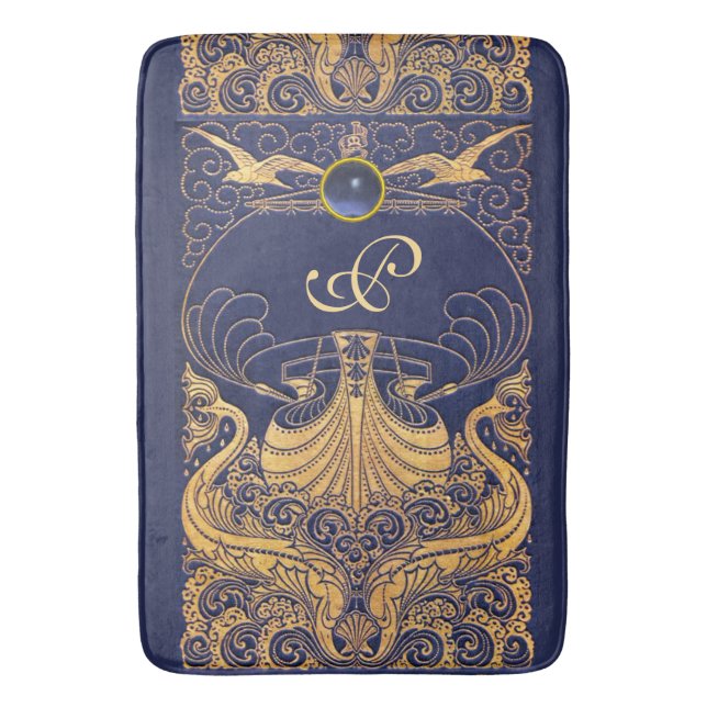 Tapis De Bain Vaisseau antique, Dauphins, Or, Monogramme bleu ma (devant Vertical)