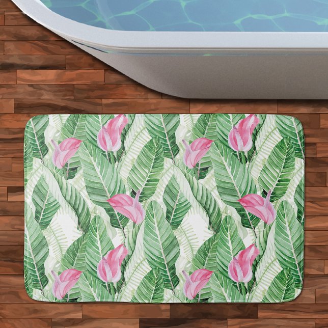 Tapis De Bain Végétation florale rose tropical (Tropical Pink Floral Greenery Bath Mat - 3 sizes available)