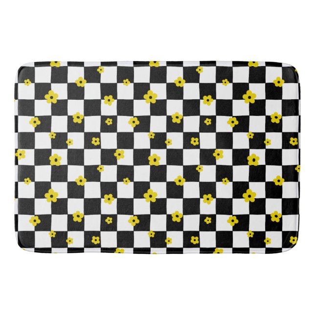 TAPIS DE BAIN VÉRIFICATIONS NOIRES ET BLANCHES AVEC FLEURS JAUNE (Devant)
