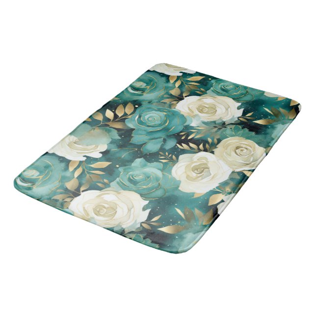 Tapis De Bain Vert blanc or Rose Floral (Angle)