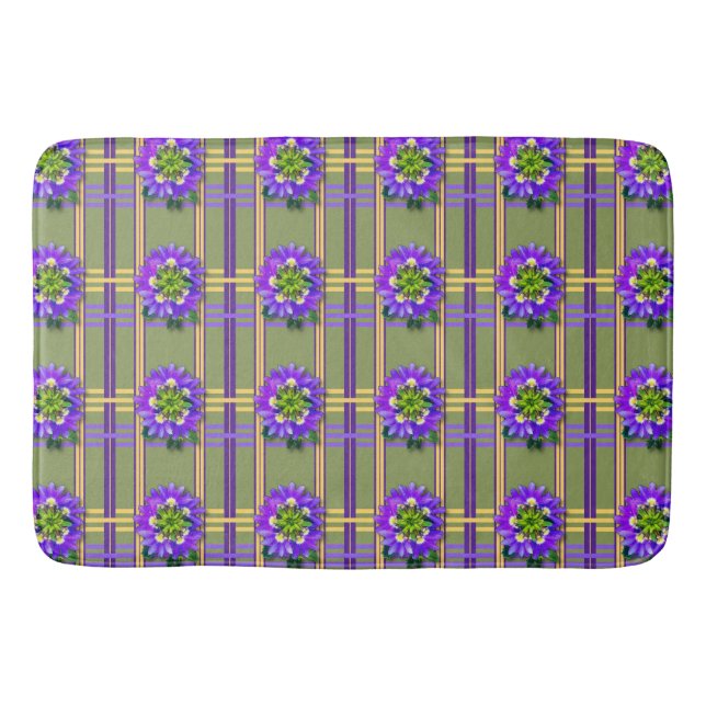 Tapis de bain vert mousse avec fleurs violettes (Devant)