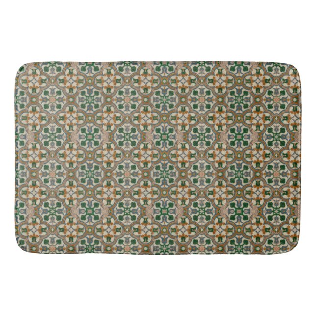 Tapis De Bain Vert moutarde floral Azulejos motif géométrique (Devant)