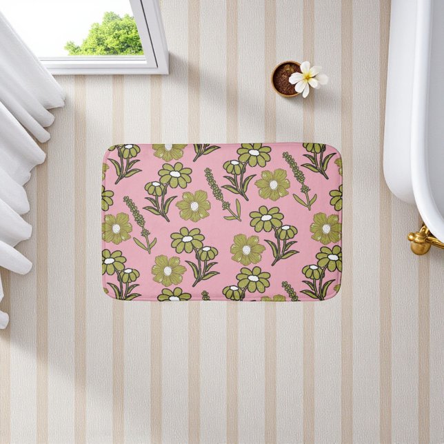 Tapis De Bain Vert rose rétro Y2K Funky Hippie Flower Motif (Green Pink Retro Y2K Funky Hippie Flower Pattern Bath Mat)