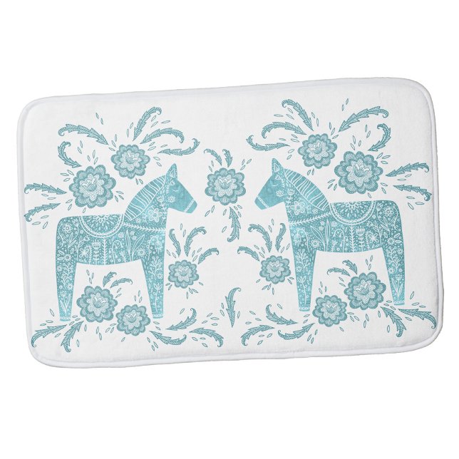 Tapis de bain vert sarcelle et blanc Cheval Dala s (Swedish Dala Horse bath mat)