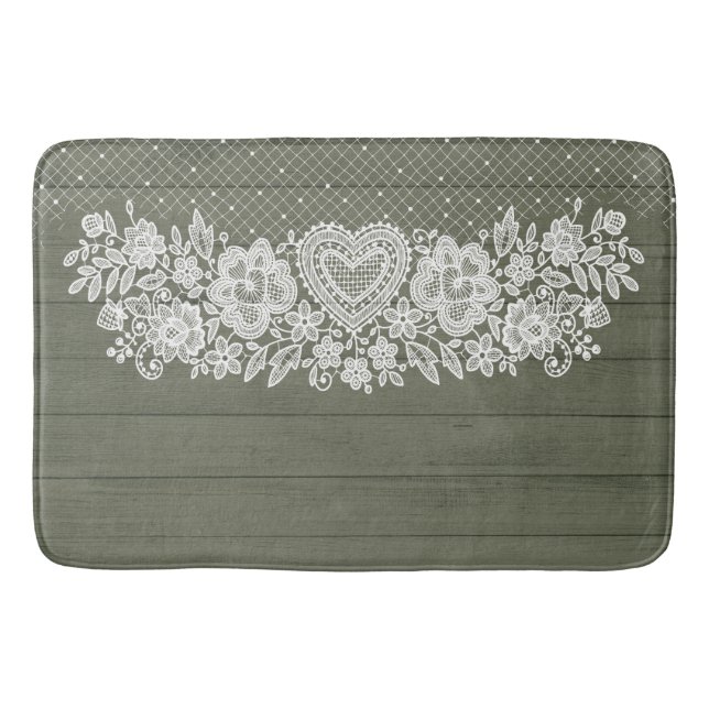 Tapis De Bain Vert Sauge Bois Rustique & Blanc Dentelle Dentelle (Devant)