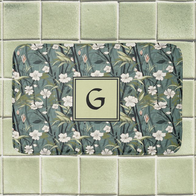 Tapis De Bain Vert sauge Chinoiserie Floral Blanc Initiale  (Créateur téléchargé)