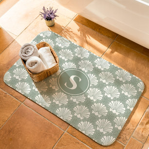 Tapis De Bain Vert sauge et coquillage blanc monogramme côtier