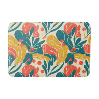 Tapis De Bain Vibrant floral botanique rétro sarcelle et orange