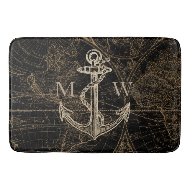 Tapis De Bain Vieux Monde Voyage Ancre nautique Monogramme Noir (Devant)