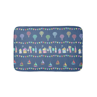 Tapis De Bain Ville côtière voiliers et décor de fanions bleu