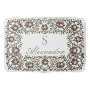 Tapis De Bain Vintage aquarelle fleurie Stylé Chat rose Mauve