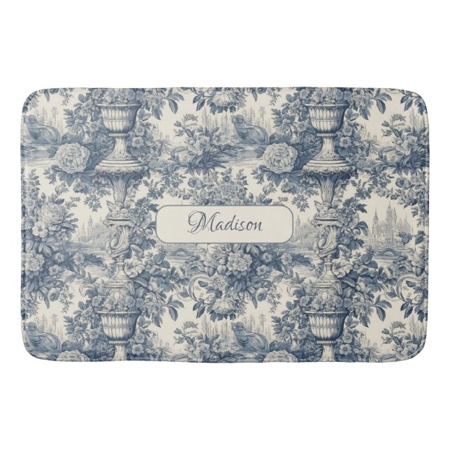Tapis De Bain Vintage chic floral Bleu toile de jouy monogramme (Devant)