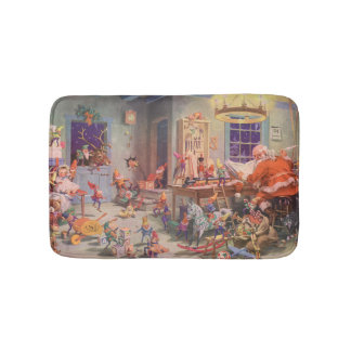 Tapis De Bain Vintage Christmas, Santa Claus with Elves Workshop