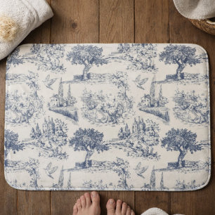 Tapis De Bain Vintage Country Français "Toile de Jouy Bleue"