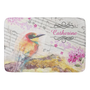 Tapis De Bain Vintage oiseau sur les fleurs roses de l'arbre déc