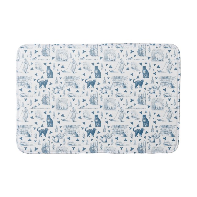Tapis De Bain Vintage Retro Toile Motif Chat Catnip Blanc Bleu (Devant)