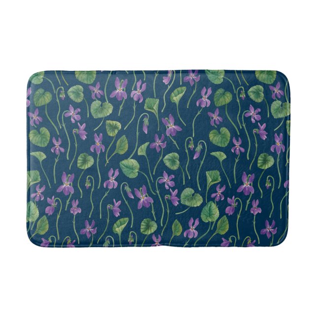 Tapis De Bain Violettes à l'aquarelle sur fond bleu (Devant)