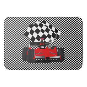 Tapis De Bain Voiture Red Race avec drapeau À damiers