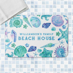 Tapis De Bain Watercolor Blue Shills et Starfish Beach House