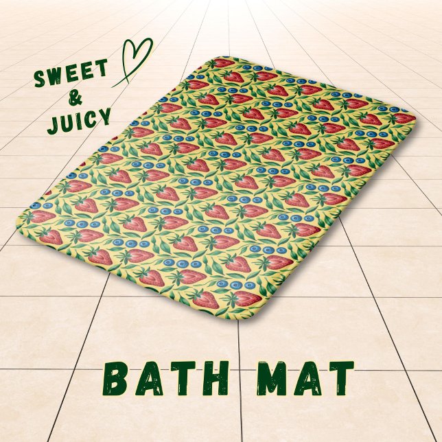 Tapis De Bain Watercolor Strawberry Blueberry Pattern on Yellow  (Créateur téléchargé)