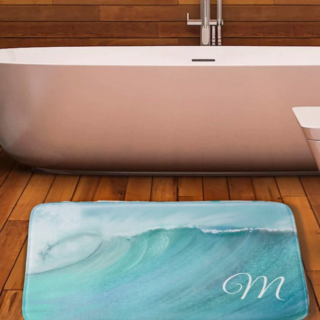 Tapis De Bain Wave Ocean Aqua Beach Blue Scène moderne (Créateur téléchargé)