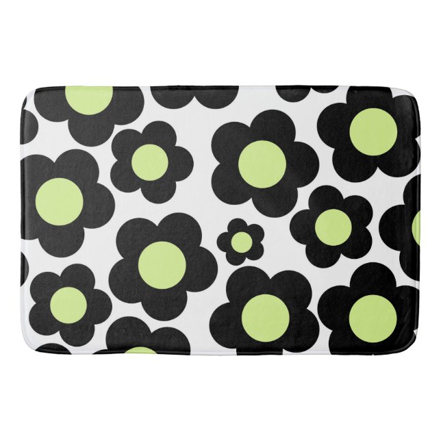 Tapis De Bain Whimsical Black & Lime Green Floral Retro Gourme (Devant)