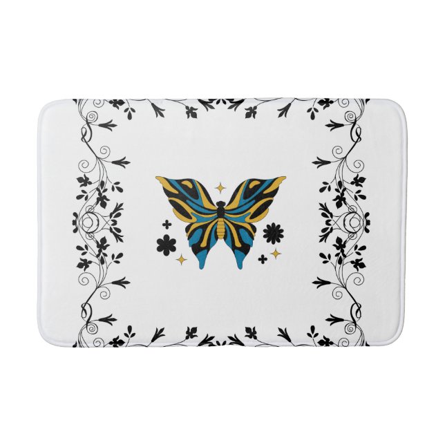 Tapis De Bain Whimsical Fluttering Black and White Butterfly (Devant)