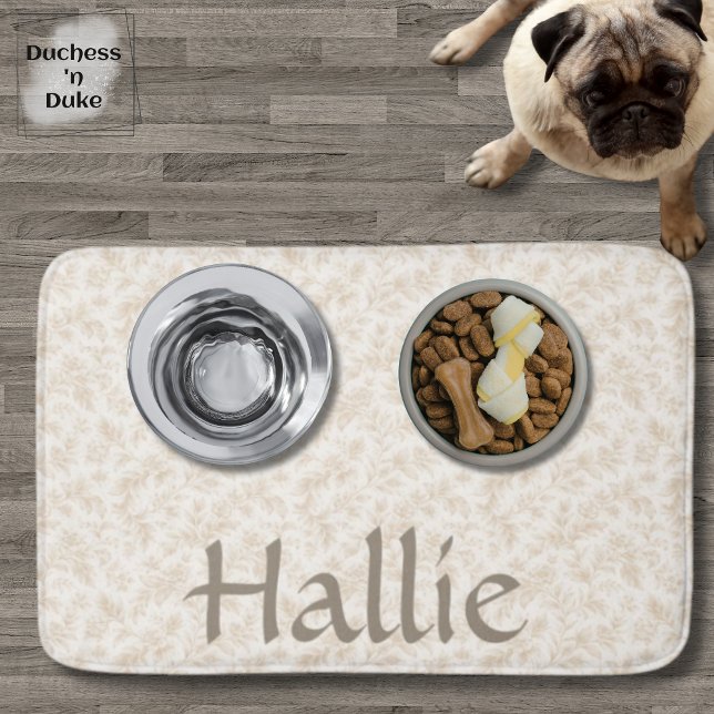 Tapis De Bain Wildflower Botanical Print Absorbent Pet Mat (Dog Placemat with food and water bowls personalized with name and ivory botanical design)