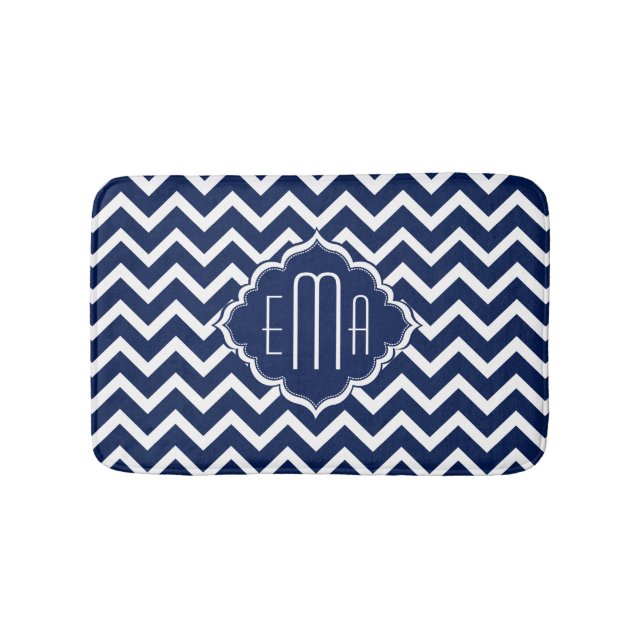 Tapis De Bain Zigzag géométrique bleu et blanc monogramme Chevro (Devant)