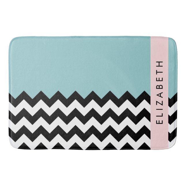 Tapis De Bain Zigzag noir et blanc, Chevron, Bleu, Votre nom (Devant)