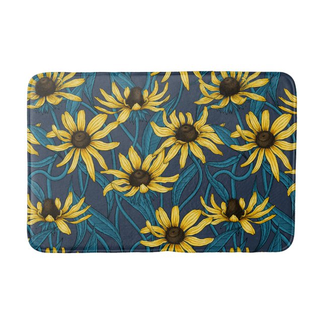 Tapis De Bain Zinnias jaune sur bleu foncé (Devant)