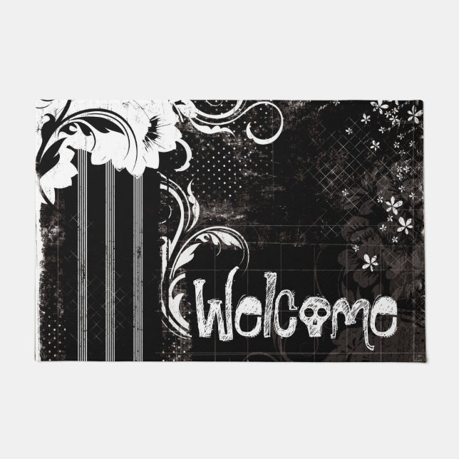 Tapis de bienvenue crâne fleur noir blanc (Devant)