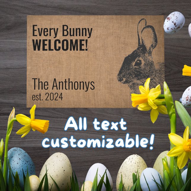 Tapis de Bienvenue Lapin Bunison Noir Moderne Rust (Bunny entryway mat greets guests with your custom text and name is perfect all year long!)