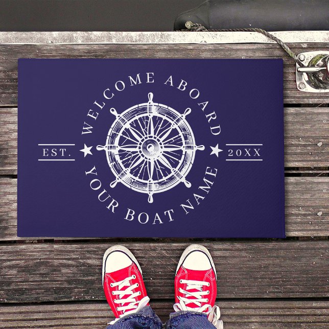 Tapis de Bienvenue Nom de Bateau à Roue de Navire  (Nautical Ship Wheel Boat Name Welcome Doormat)