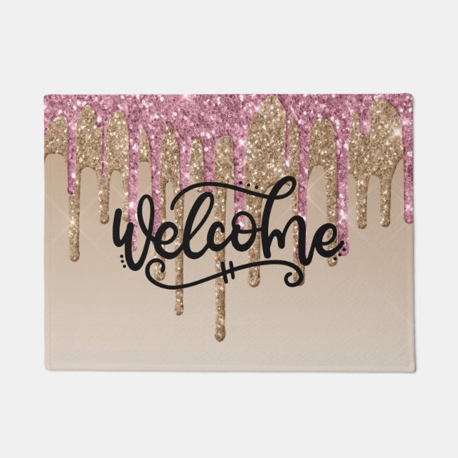 Tapis de bienvenue scintillant rose et or (Devant)