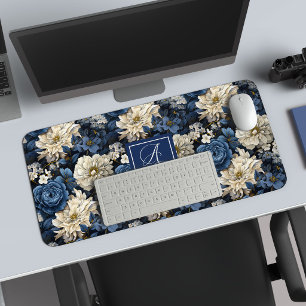 Tapis de bureau à fleurs blanches bleues de luxe a