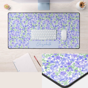 Tapis de bureau à fleurs bleu et vert avec nom per