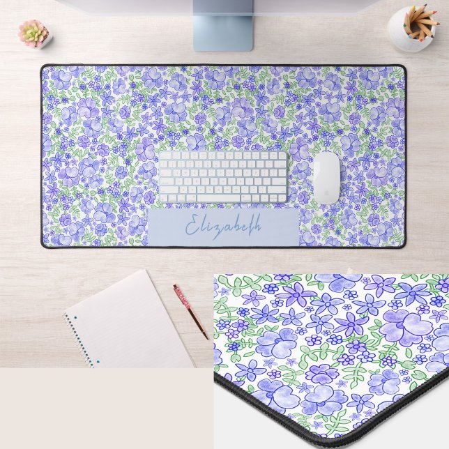 Tapis de bureau à fleurs bleu et vert avec nom per (Créateur téléchargé)