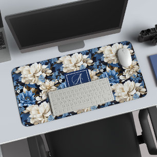 Tapis de bureau à fleurs bleu marine opulent avec