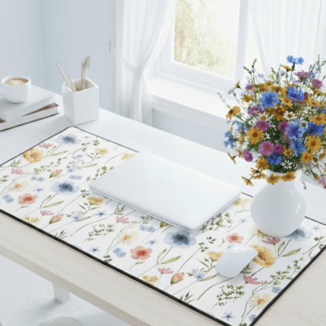 Tapis de bureau à fleurs sauvages bleu jaune rose (Créateur téléchargé)