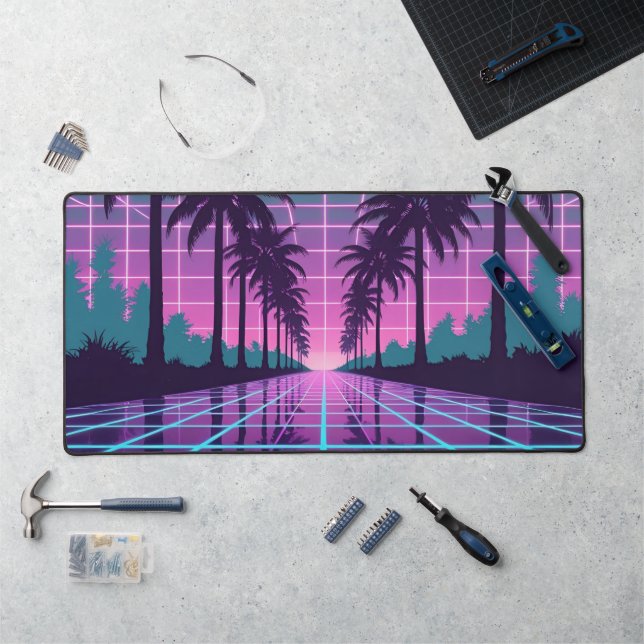 Tapis de bureau à grille néon Palmiers Coucher de  (Poste de travail)