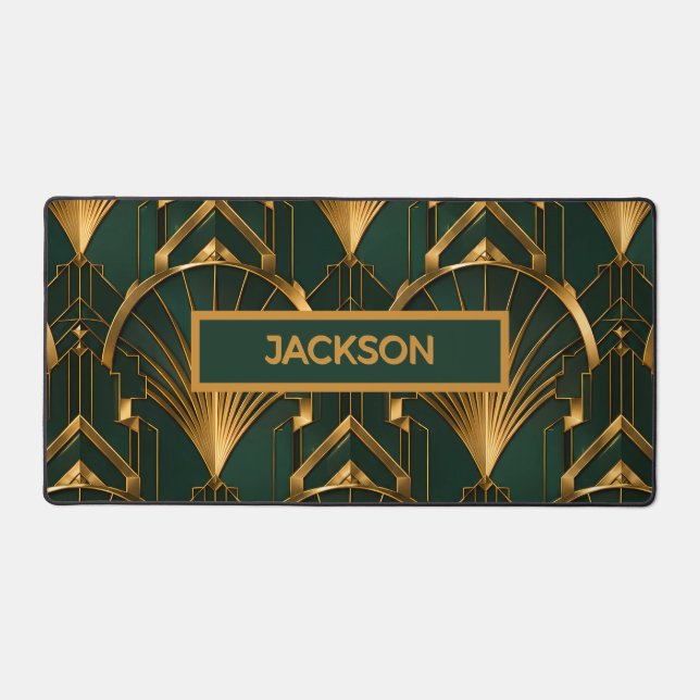 Tapis de bureau Art Déco Luxe Vert Émeraude Or (Recto)