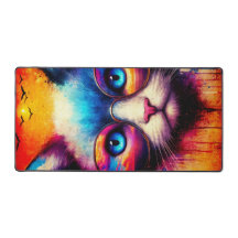 Tapis de bureau chat illustré vibrant et cool