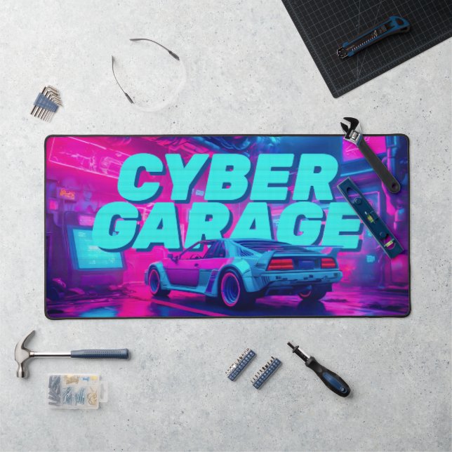 Tapis de bureau Cyberpunk Garage Rétro Voiture Néo (Poste de travail)