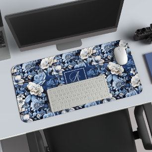 Tapis de Bureau Élégant Fleurs Bleu Marine Élégant