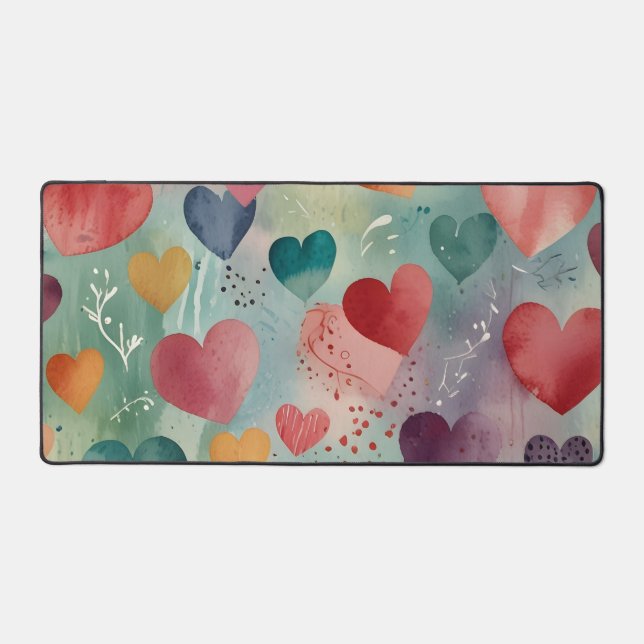 Tapis de bureau esthétique à cœurs aquarelle cosy (Recto)