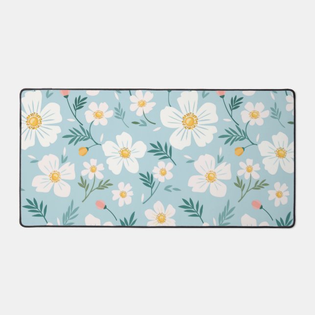 Tapis de bureau esthétique fleuri bleu pastel cosy (Recto)